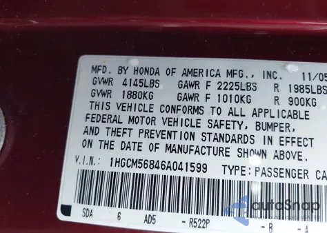 2006 Honda Accord 2.4 Ex z USA, uszkodzony, nr VIN 1HGCM56846A041599